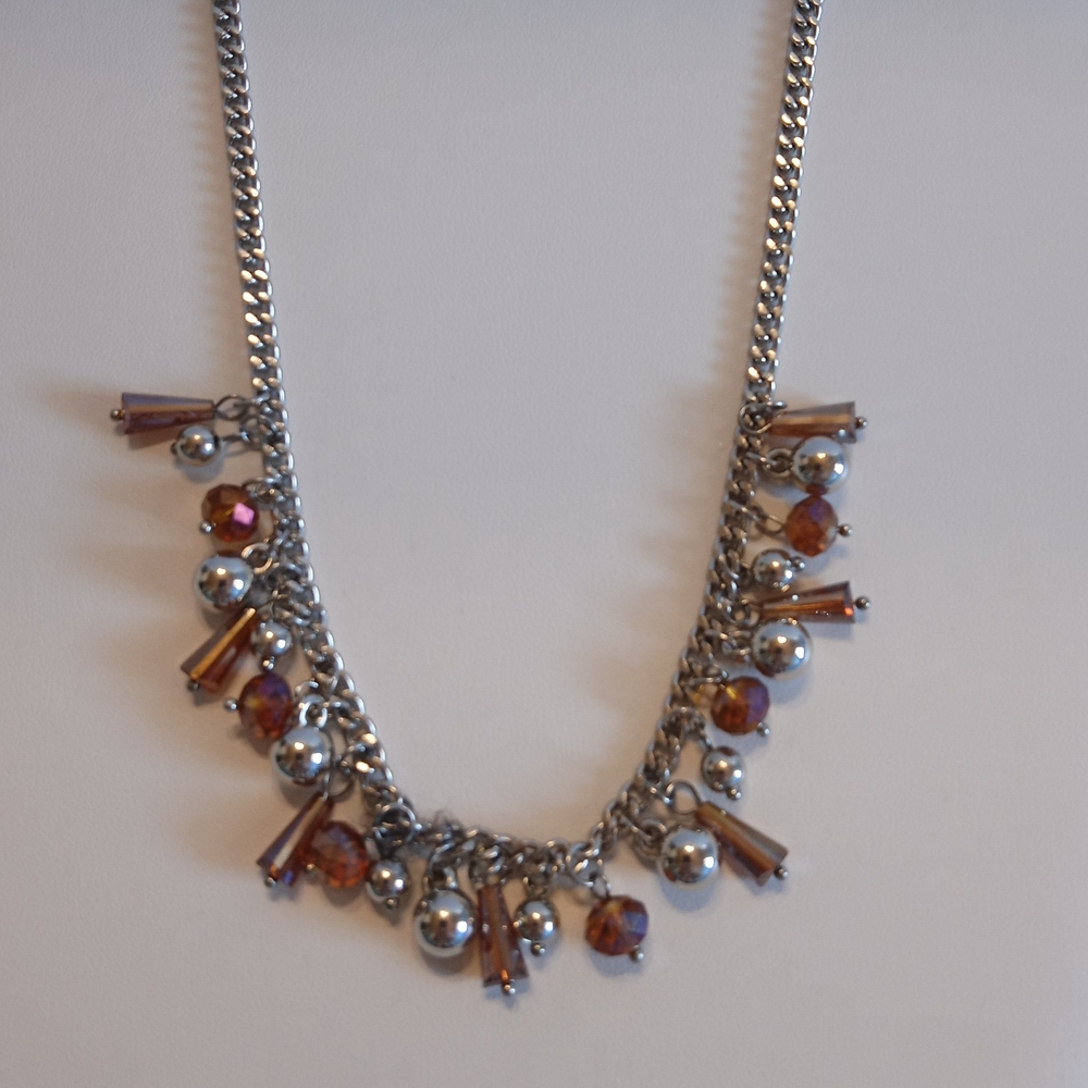 VTG 16" w/Extender Silvertone Amber Prism Type Dangles Silvr Beads Claw Clasp